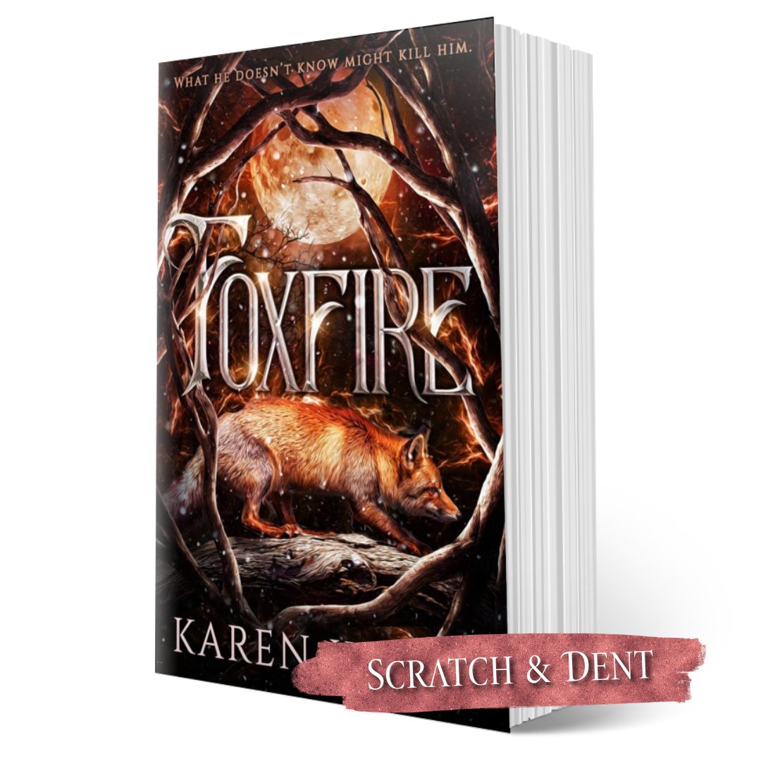 Book titled 'Foxfire' by Karen Kincy with a fox illustration on the cover; scratch and dent label.