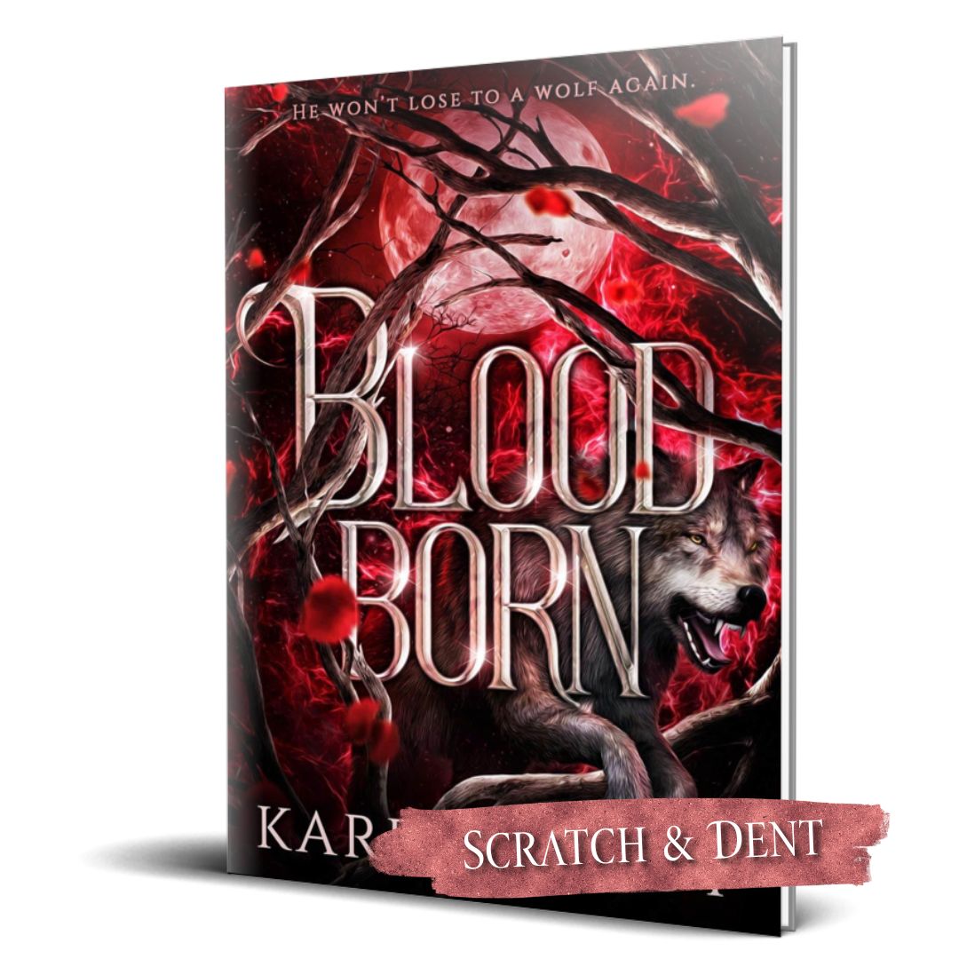 Book cover of 'Blood Born' with a wolf and red flames on a white background; scratch and dent label.