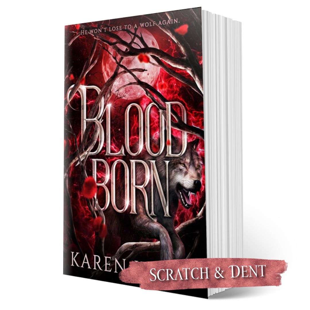 Book cover of 'Blood Born' with a wolf and red moon on a white background; scratch and dent label.