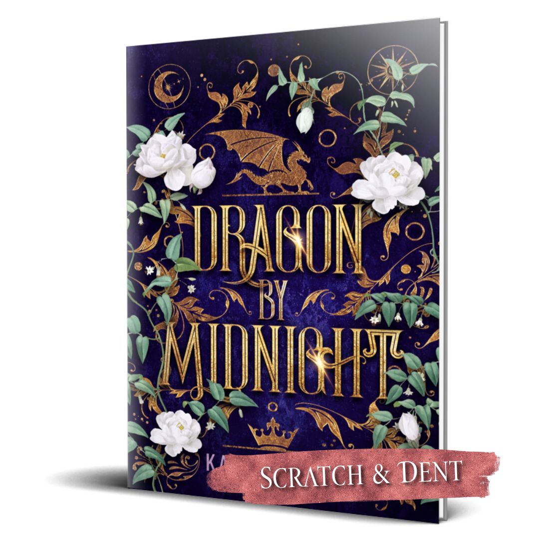 Book cover of 'Dragon by Midnight' with decorative elements and 'Scratch & Dent' label.