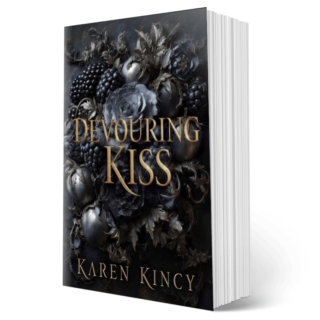 Book titled 'Devouring Kiss' by Karen Kincy with dark floral design on cover