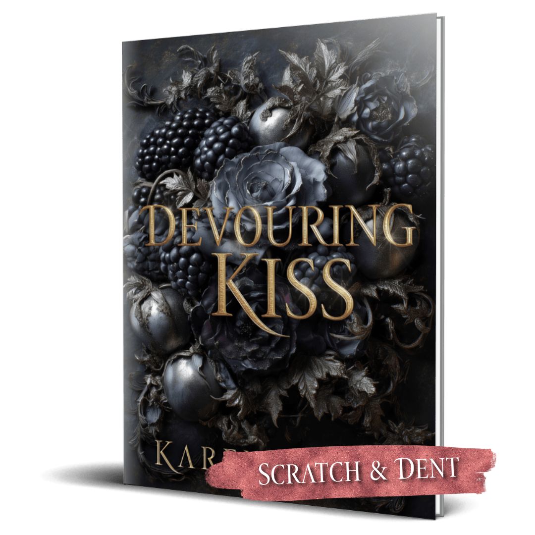 Book cover of 'Devouring Kiss' with dark flowers and berries, featuring a 'Scratch & Dent' label.