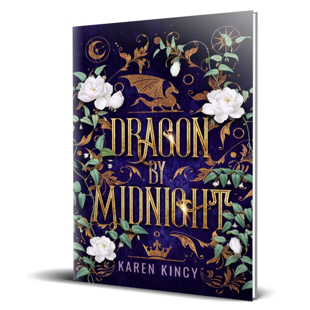 Book cover of 'Dragon by Midnight' with decorative elements and floral design on a white background