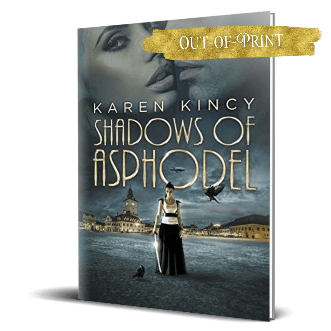 Book cover of 'Shadows of Asphodel' by Karen Kincy with a woman and birds on a cityscape background.