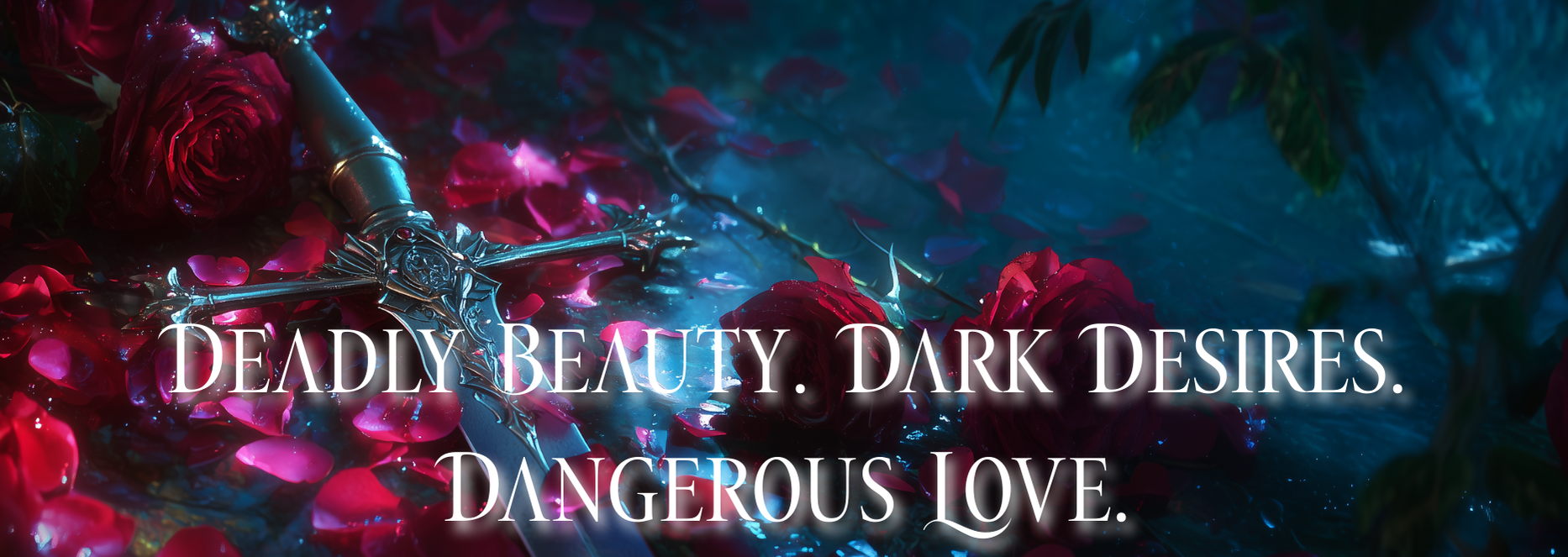 Decorative banner with roses, a dagger, and text 'DEADLY BEAUTY. DARK DESIRES. DANGEROUS LOVE.'