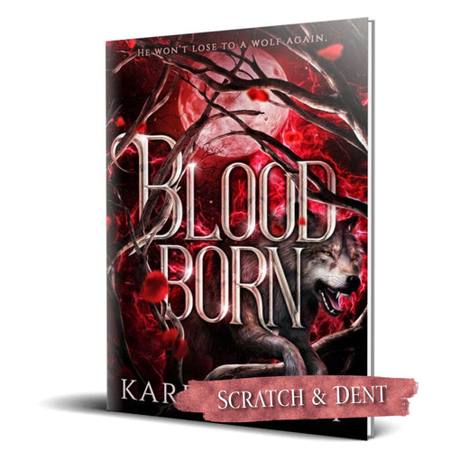 Book cover of 'Blood Born' with a wolf and red flames on a white background; scratch and dent label.