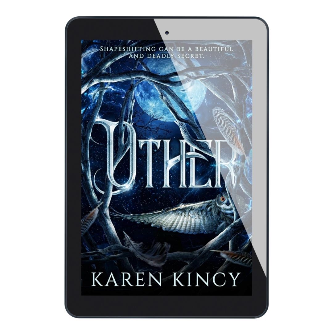 E-reader displaying the cover of 'Other' by Karen Kincy with a dark blue and gray design.