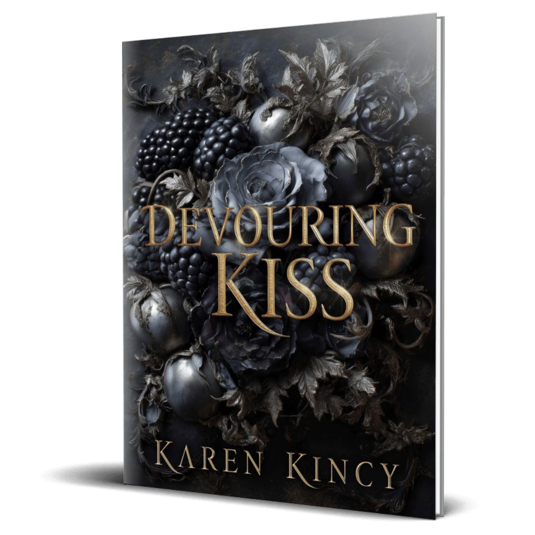 Book cover of 'Devouring Kiss' by Karen Kincy with dark flowers and berries.