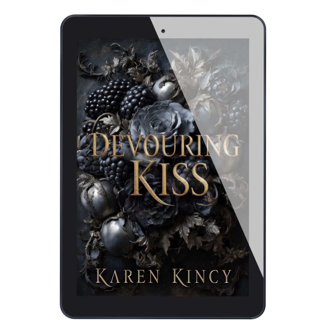 Digital book cover of 'Devouring Kiss' by Karen Kincy displayed on a tablet.