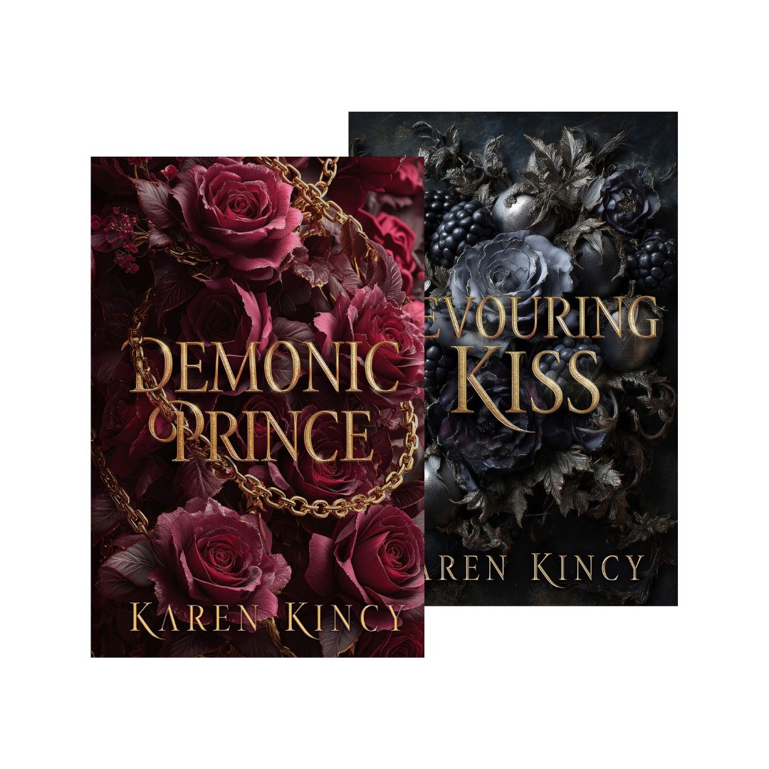 Two book covers featuring dark floral designs with gold text on a white background.