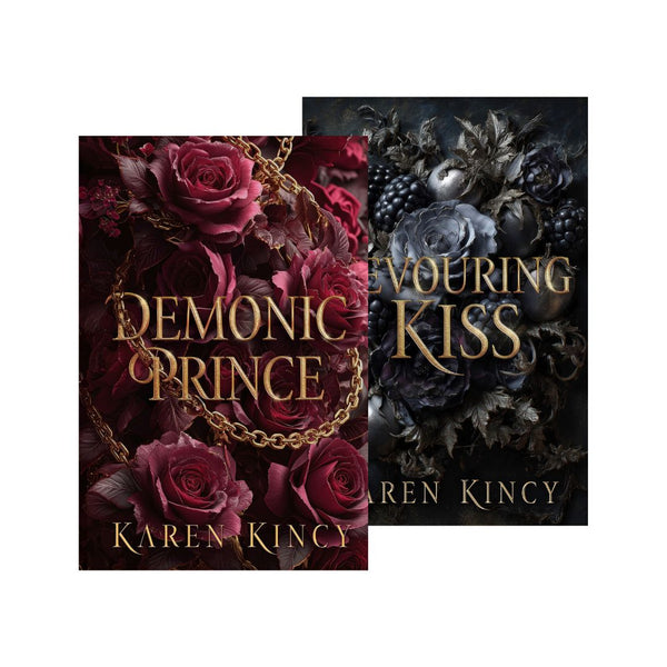 Two book covers featuring dark floral designs with gold text on a white background.
