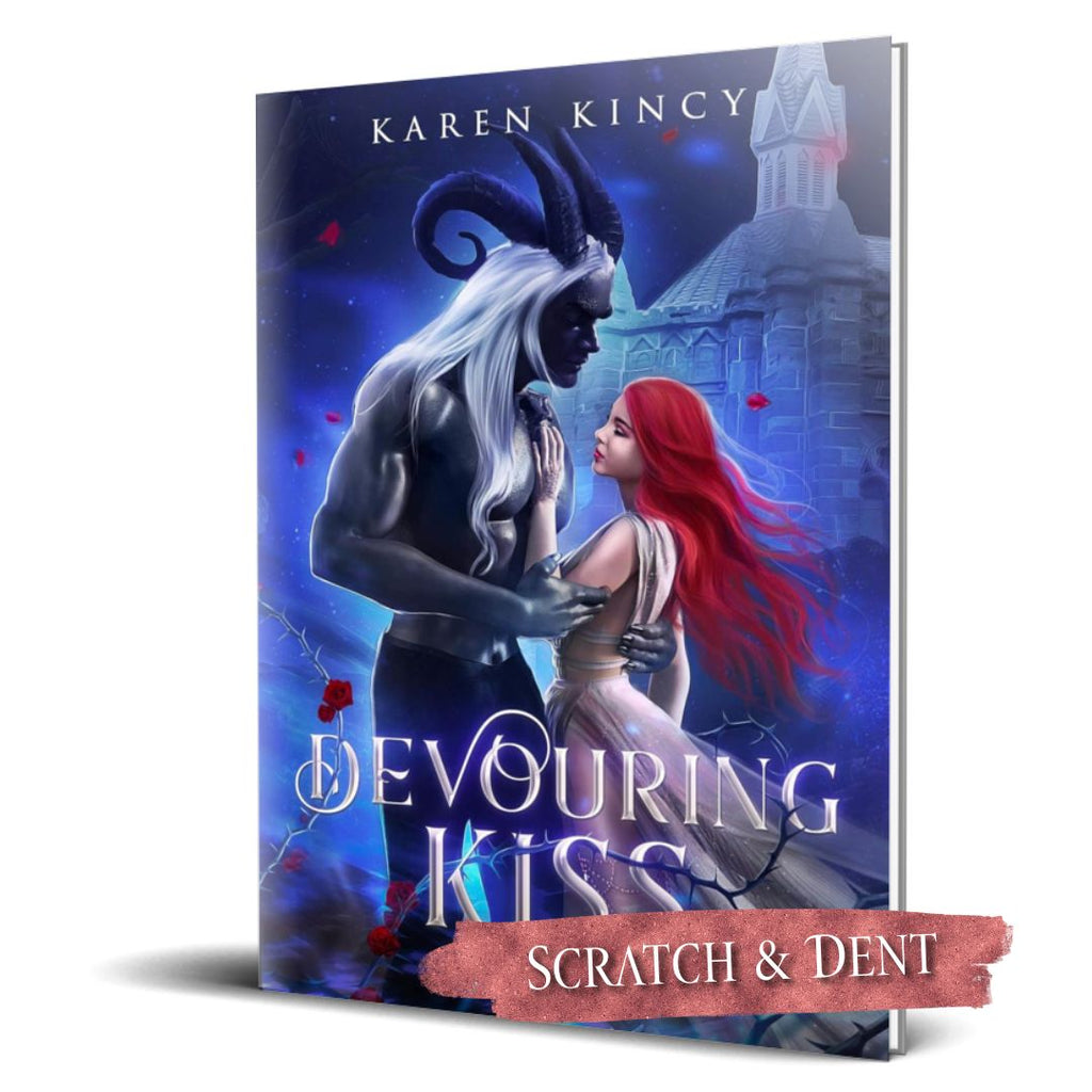 Book cover of 'Devouring Kiss' by Karen Kincy with fantasy characters on a blue background; scratch and dent label.
