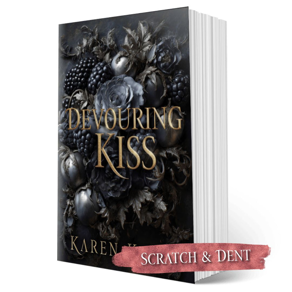 Book titled 'Devouring Kiss' by Karen Kincy with decorative cover and 'Scratch & Dent' label.