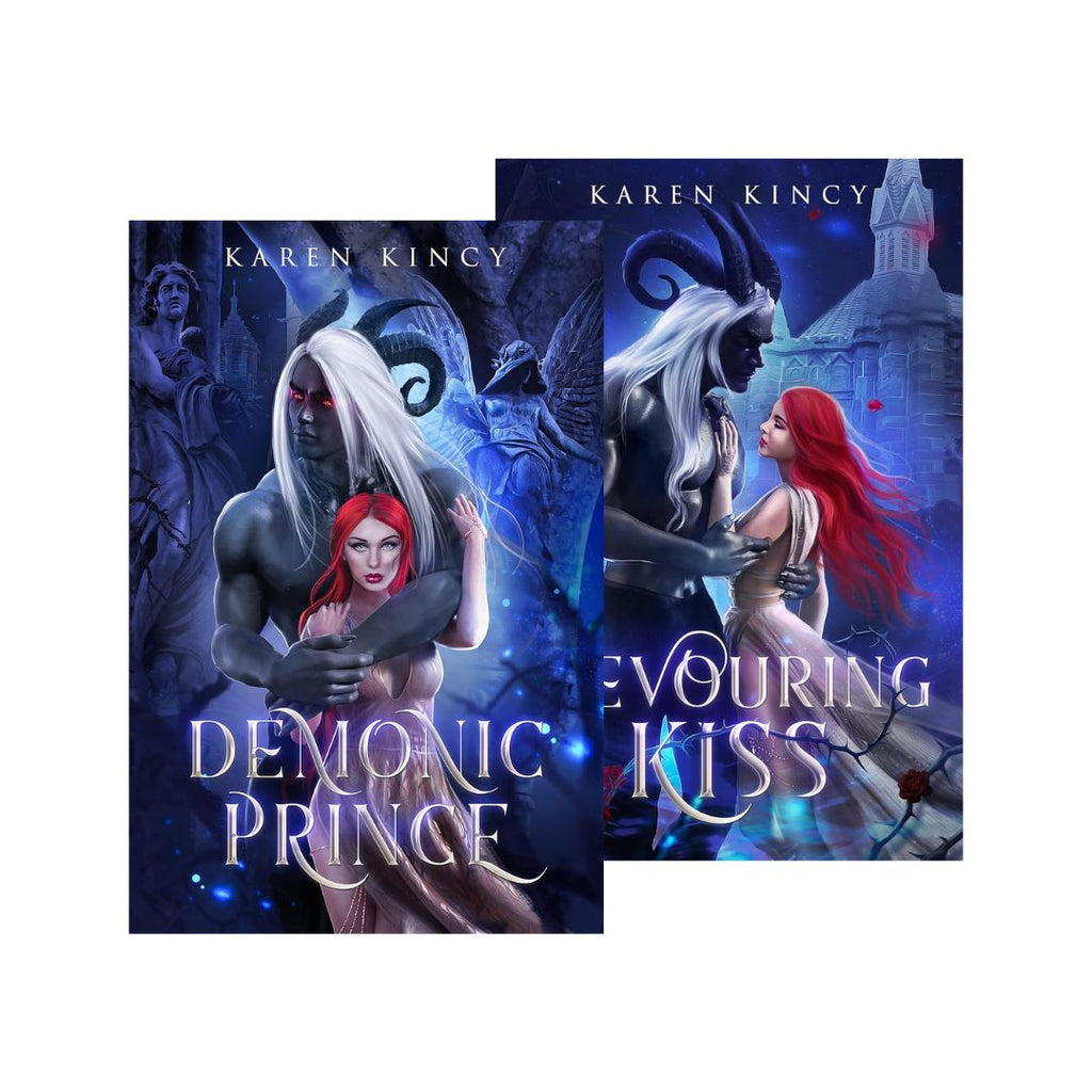 Two book covers of 'Demonic Prince' and 'Evoking Kiss' by Karen Kincy on a white background.
