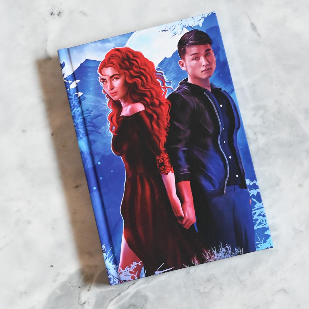 Book with a cover featuring two characters on a textured surface