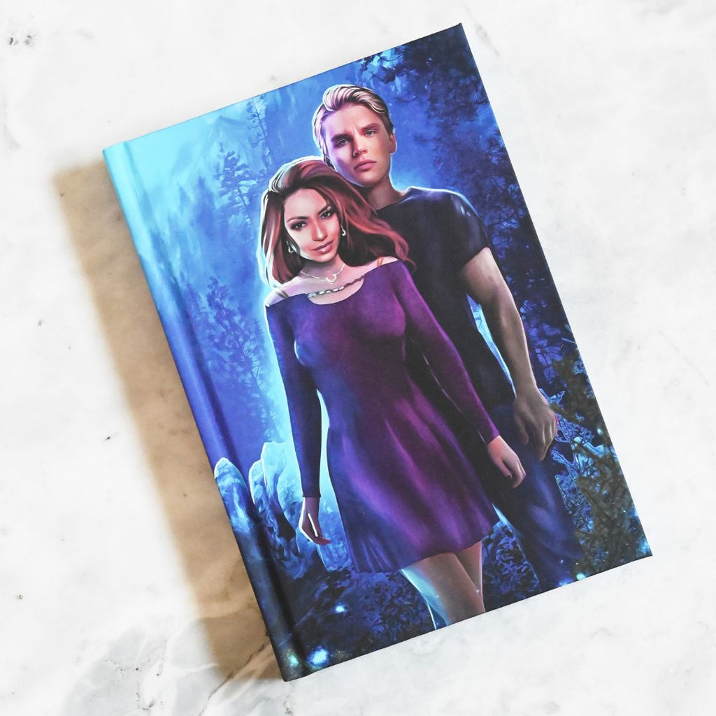 Notebook with a cover featuring two characters in a forest setting
