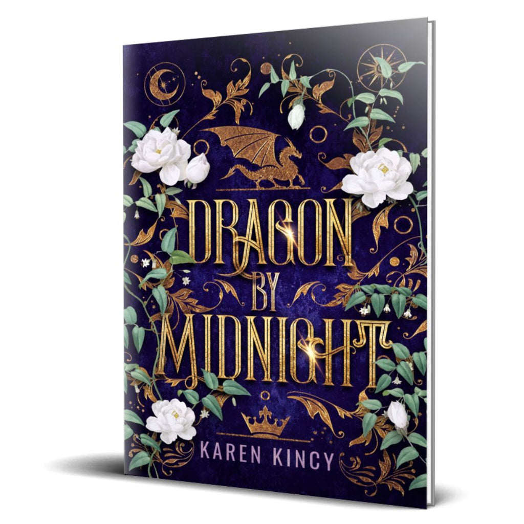 Book cover of 'Dragon by Midnight' with decorative elements and floral design on a white background