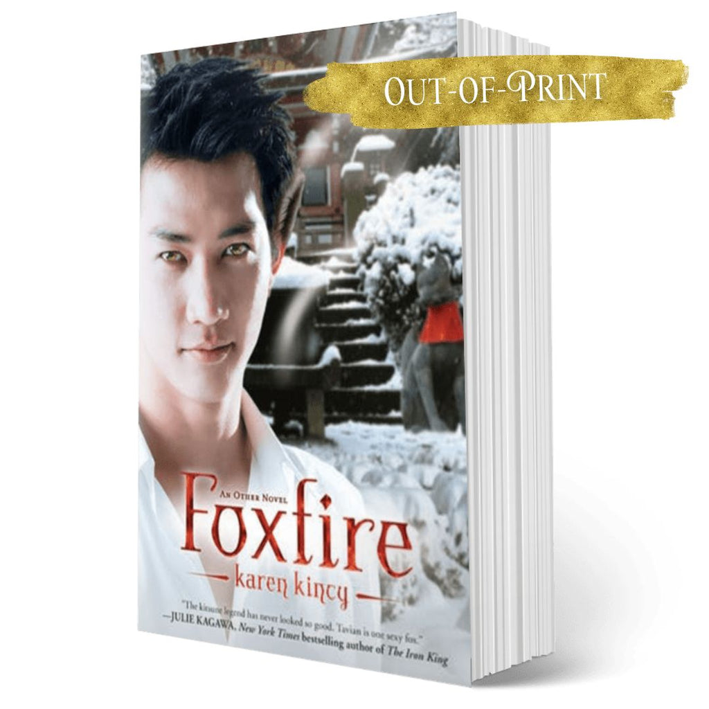 Book titled 'Foxfire' by Karen Kincy with a snowy background and 'Out-of-Print' label.