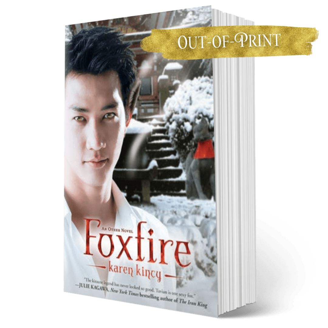 Book titled 'Foxfire' by Karen Kincy with a snowy background and 'Out-of-Print' label.