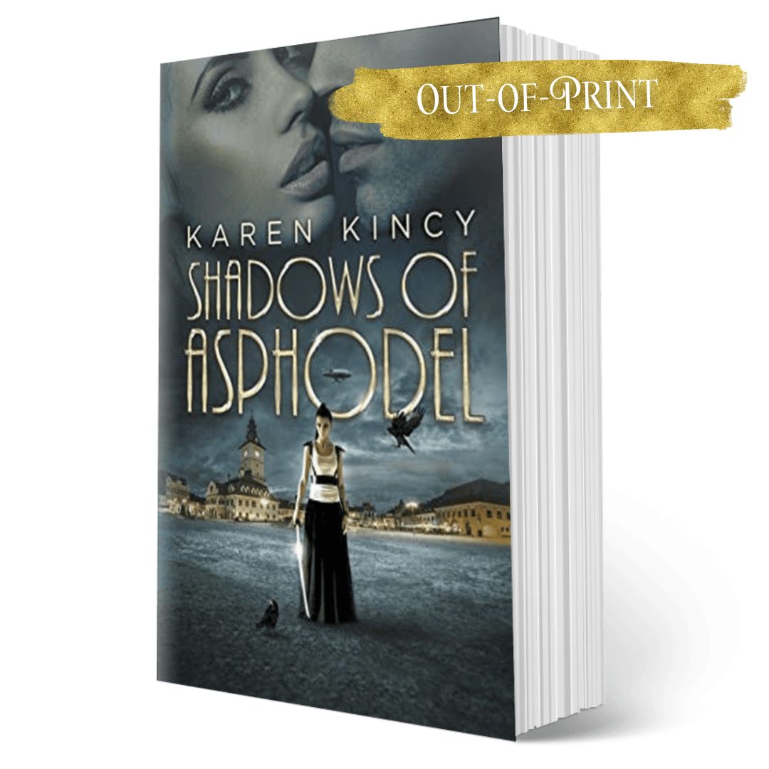 Book titled 'Shadows of Asphodel' by Karen Kincy with a woman and bird on the cover, on a white background.