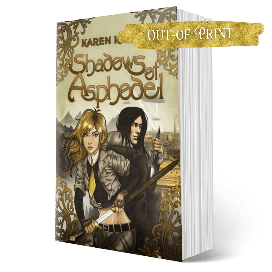 Book titled 'Shadows of Asphodel' by Karen Kincy with illustration of two characters on the cover.