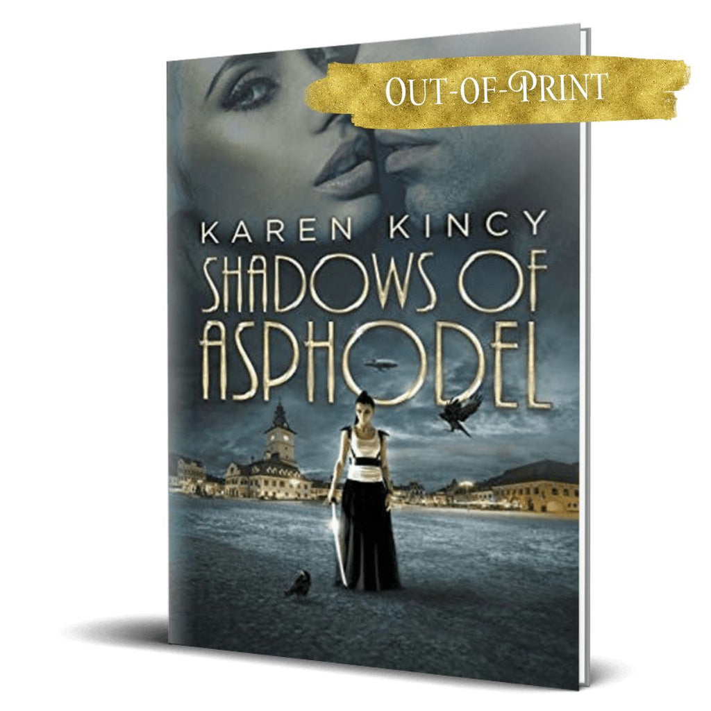 Book cover of 'Shadows of Asphodel' by Karen Kincy with a woman and birds on a cityscape background.