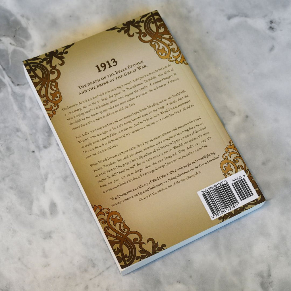 Back cover of a book with decorative elements and text on a marble surface