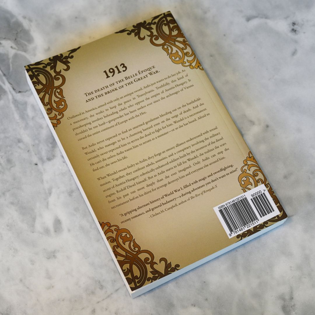 Back cover of a book with decorative elements and text on a marble surface