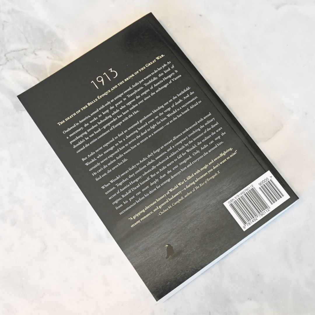 Back cover of a book with text and a barcode on a light background