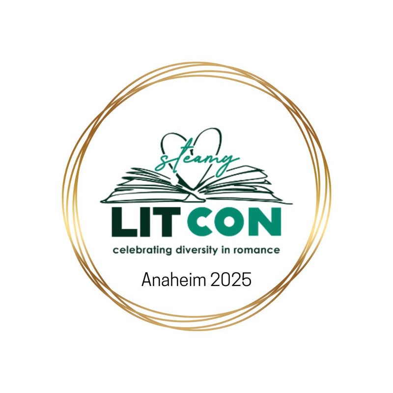 Lit Con logo with open book and heart design, celebrating diversity in romance, Anaheim 2025.