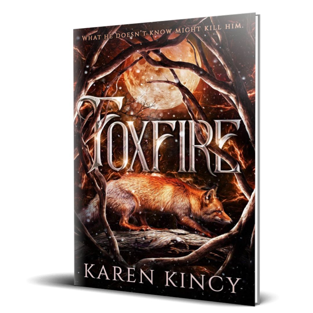Book cover of 'Foxfire' by Karen Kincy with a fox and moon design.